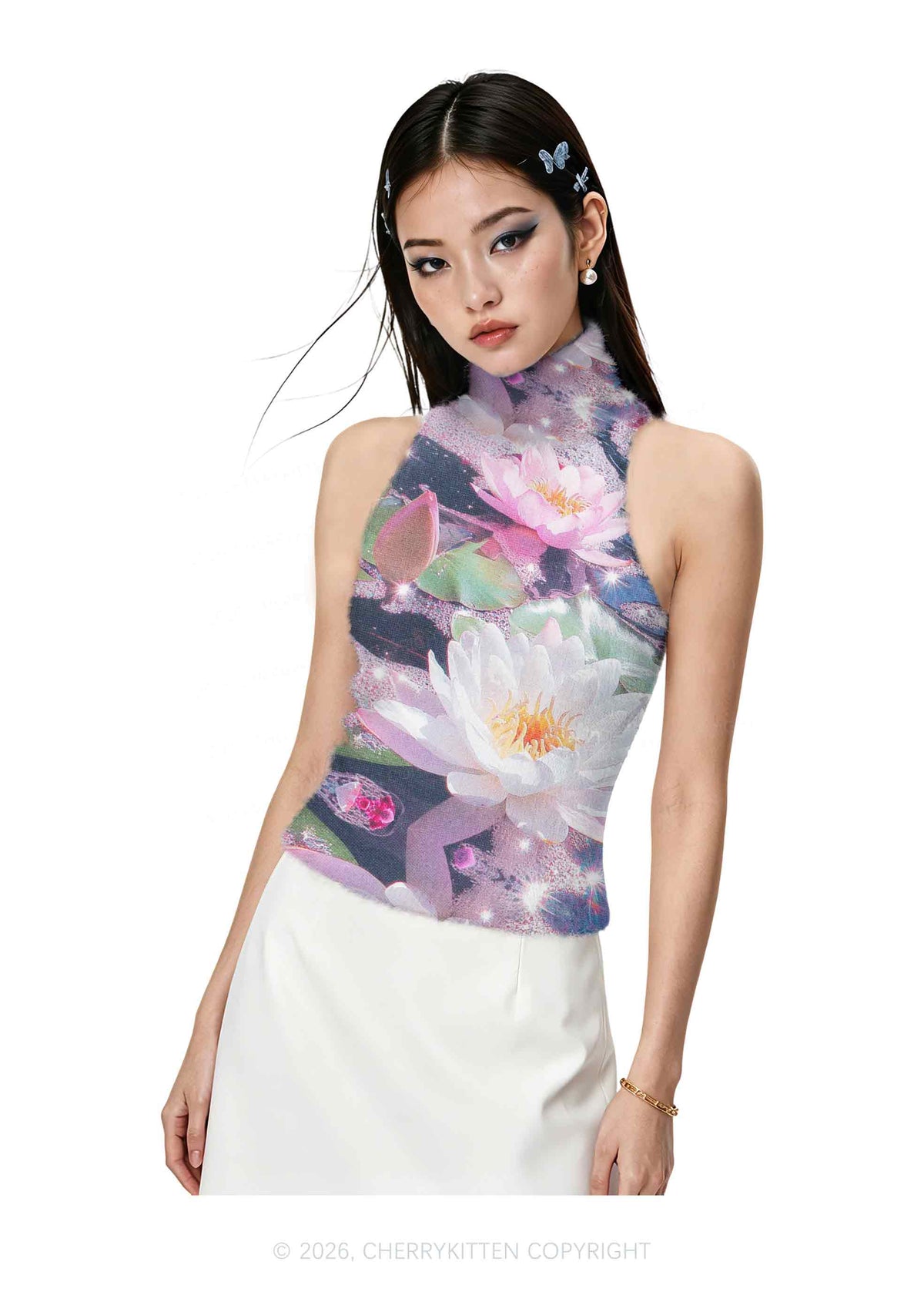 Glitter Lotus Y2K Knit Turtleneck Tank Top Cherrykitten