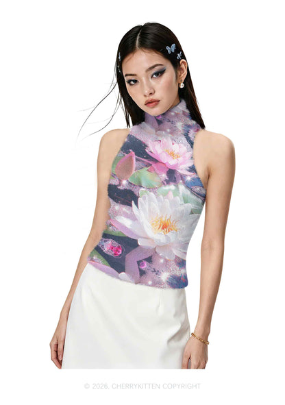 Glitter Lotus Y2K Knit Turtleneck Tank Top Cherrykitten