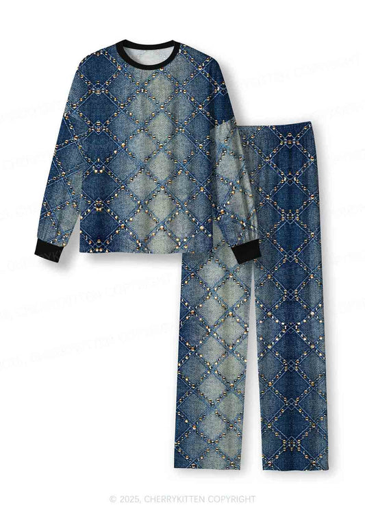 Denim Sparkle Y2K Print Long Sleeve Pajama Set Cherrykitten