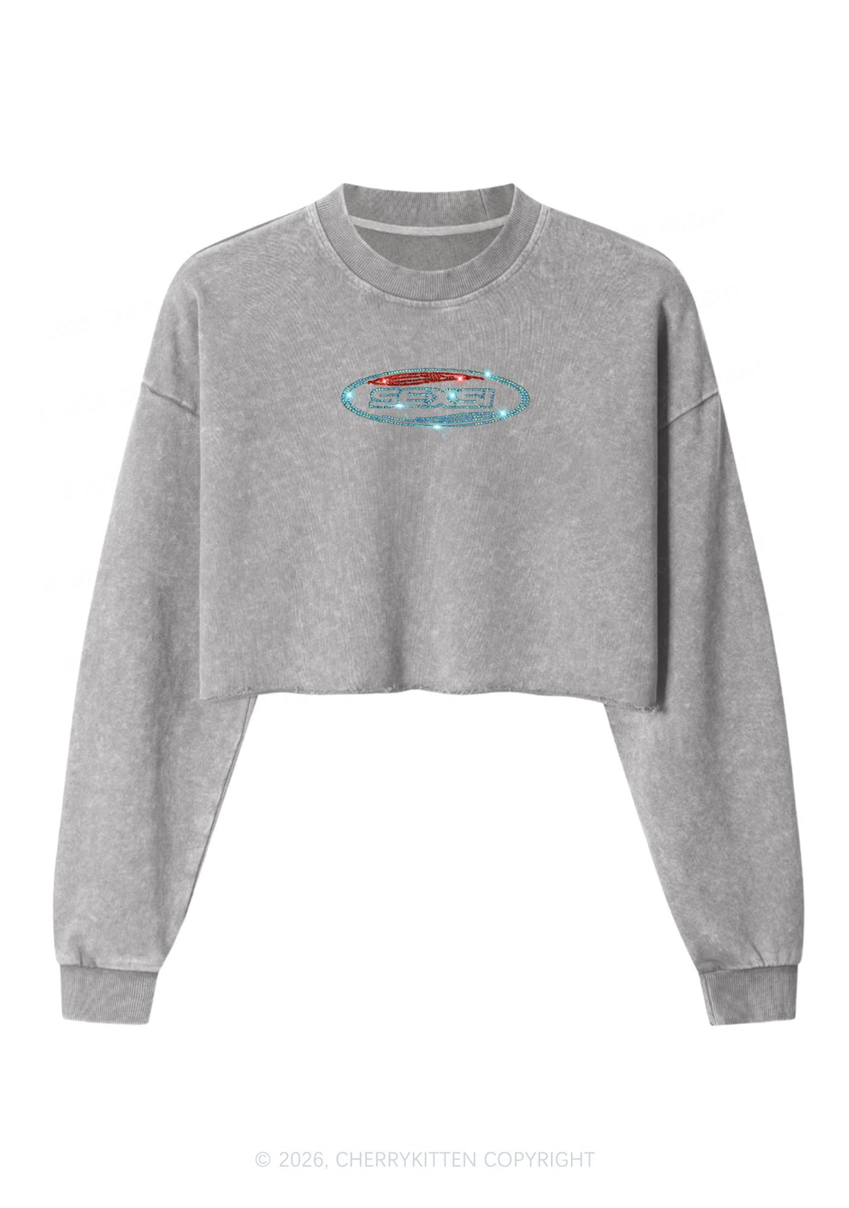 Rhinestone Sexsi Slogan Y2K Crop Washed Sweatshirts Cherrykitten