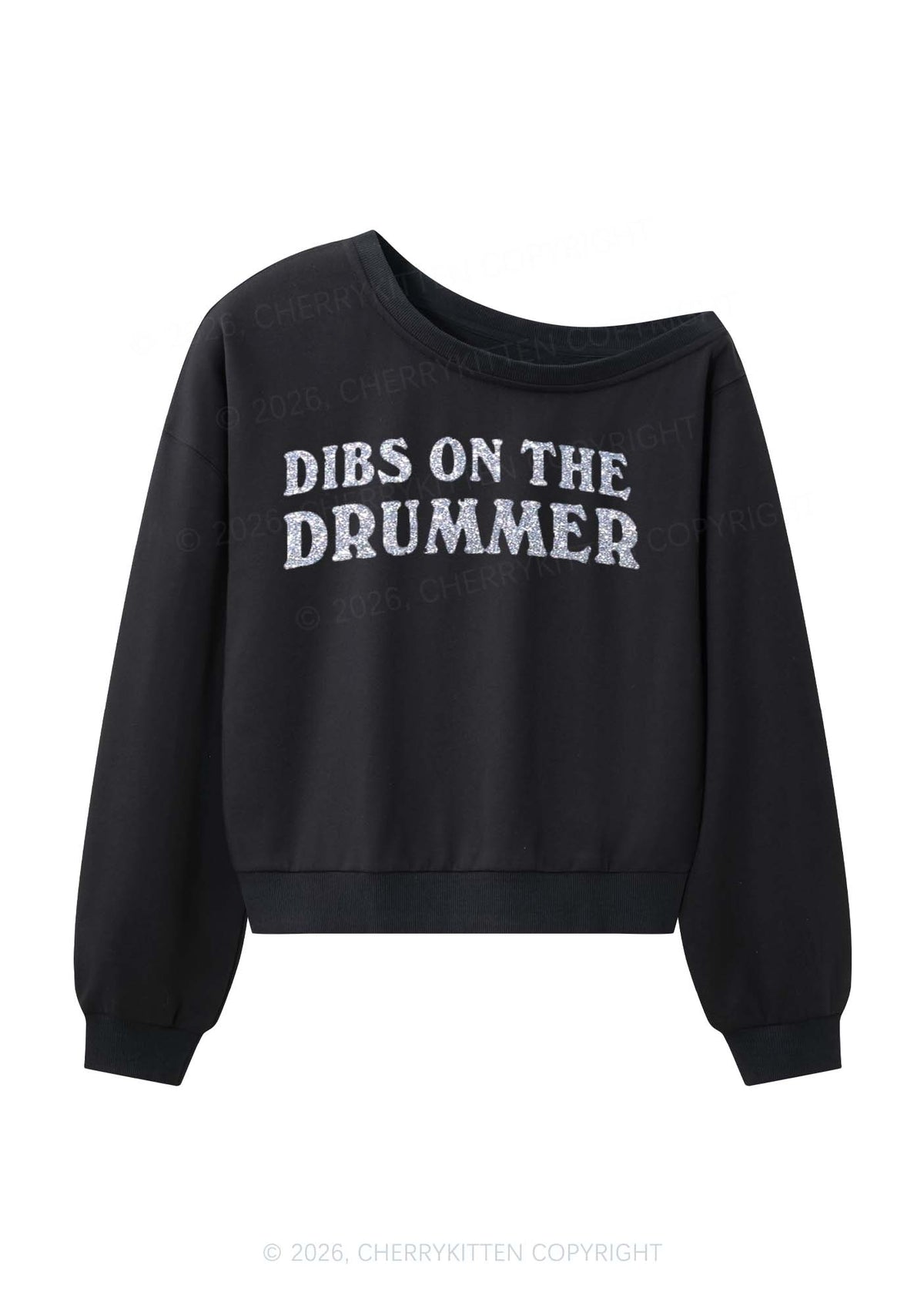 Glitter Dibs On The Drummer Y2K Off Shoulder Sweatshirts Cherrykitten