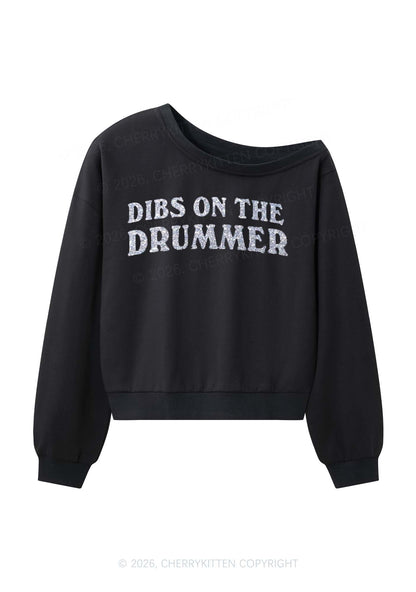 Glitter Dibs On The Drummer Y2K Off Shoulder Sweatshirts Cherrykitten