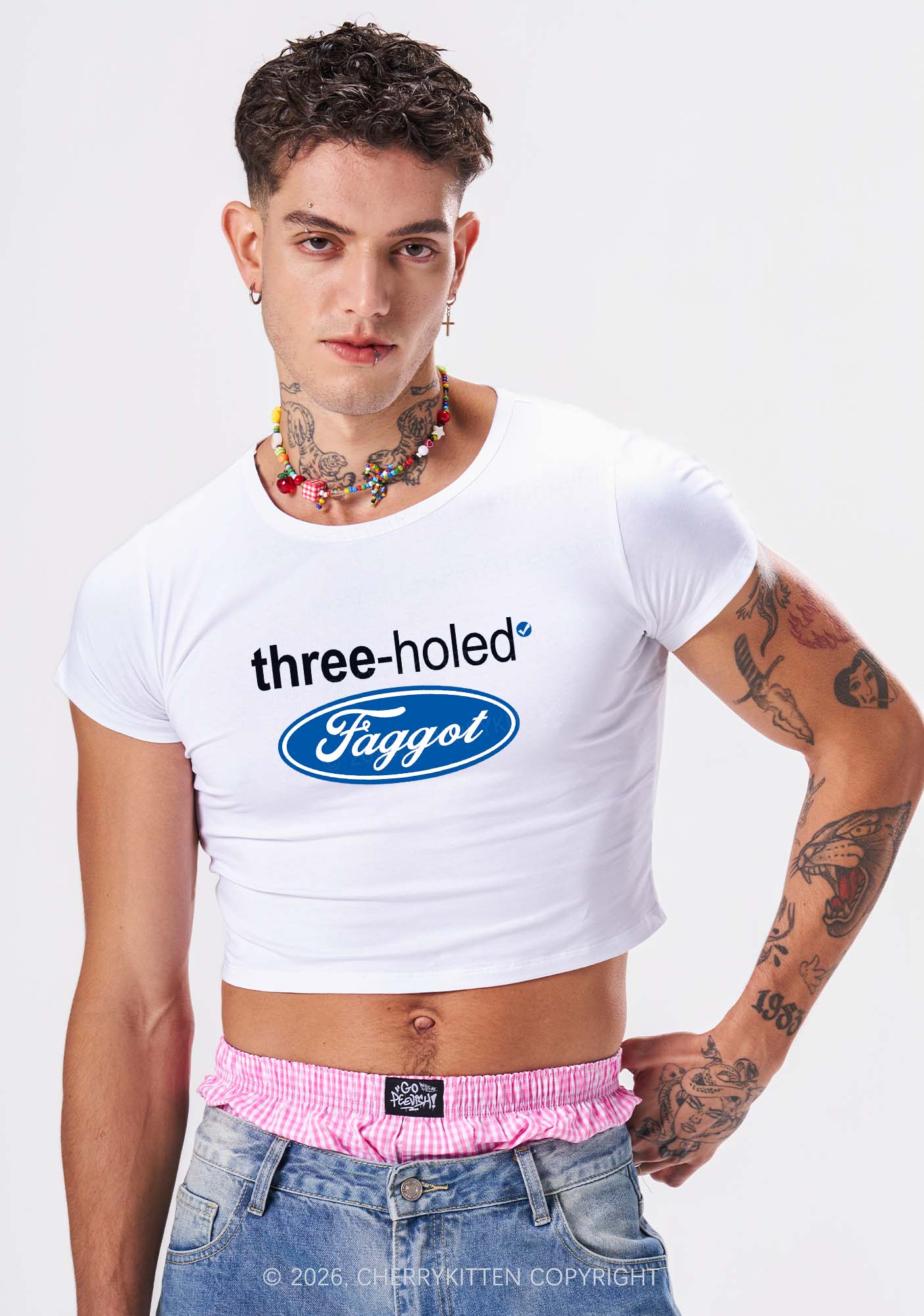Three Holed Faggot Pride Y2K Baby Tee Cherrykitten
