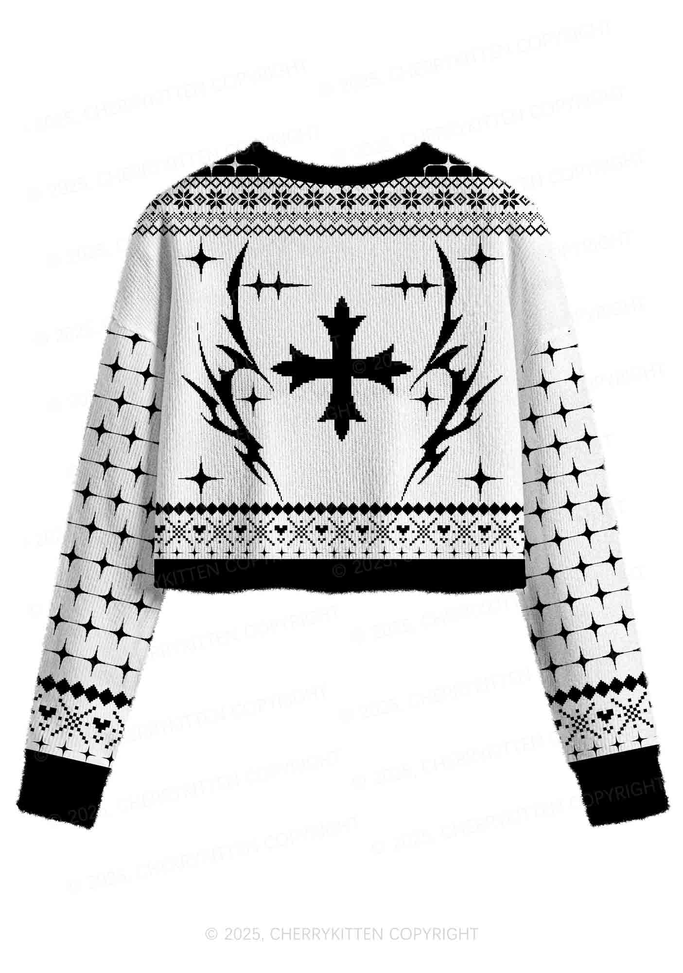 White Cxxt Y2K Christmas Crop Knit Sweatshirt Cherrykitten