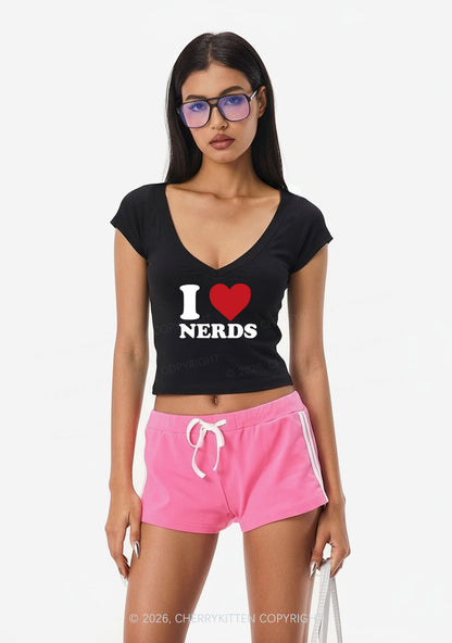 I Love Nerds Y2K V Neck T Shirts Cherrykitten