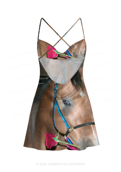 The Gay Horse Y2K Print Satin Cowl Neck Slip Dress Cherrykitten