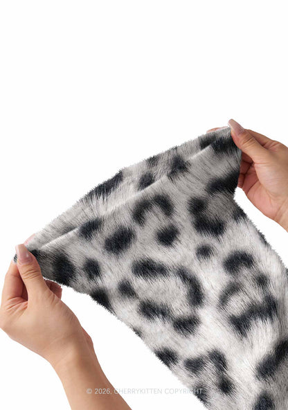 White Leopard Y2K Print Fuzzy Flared Leg Warmers Cherrykitten