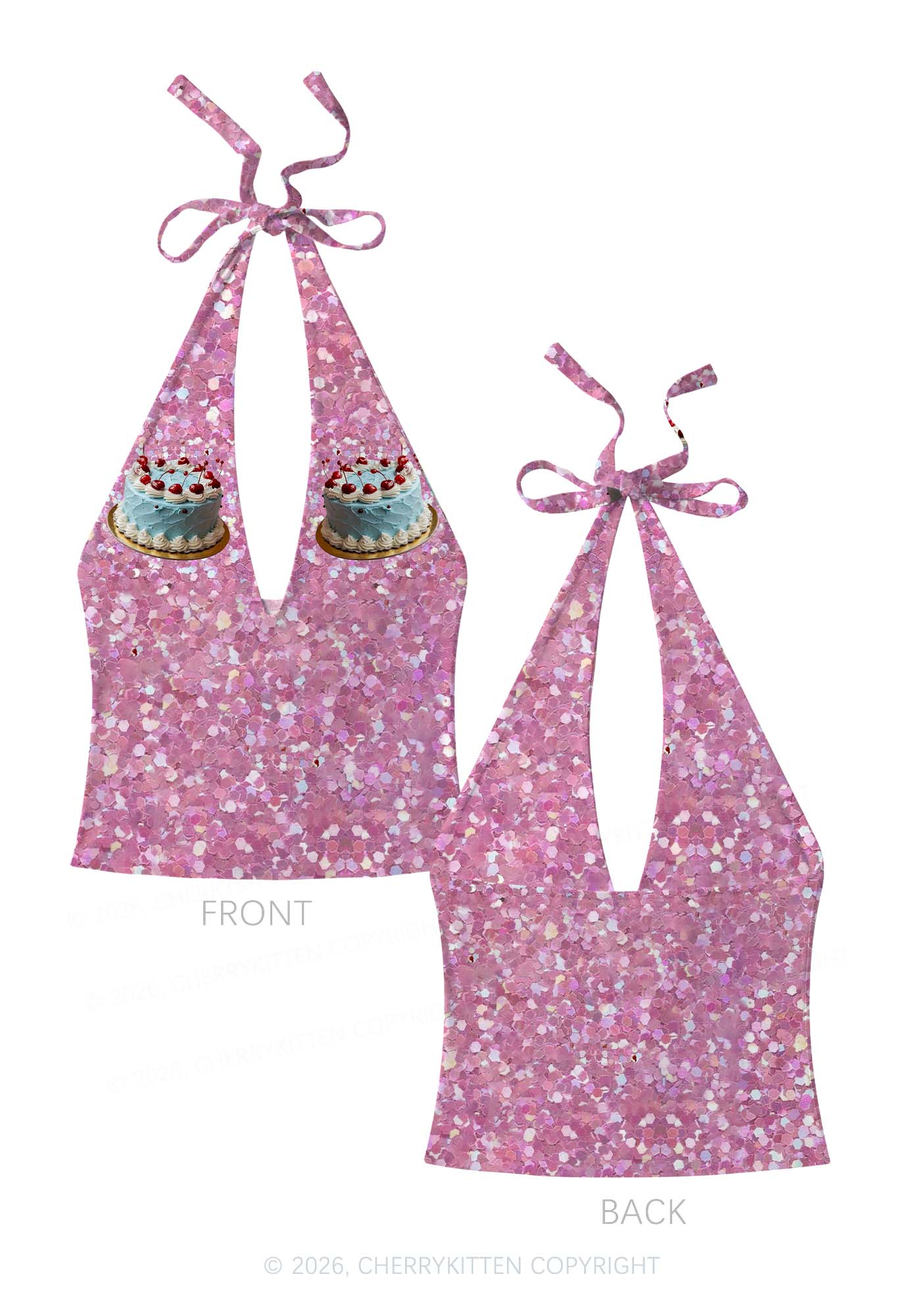 Cherry Cake Y2K Print Halter Deep V Neck Cami Cherrykitten