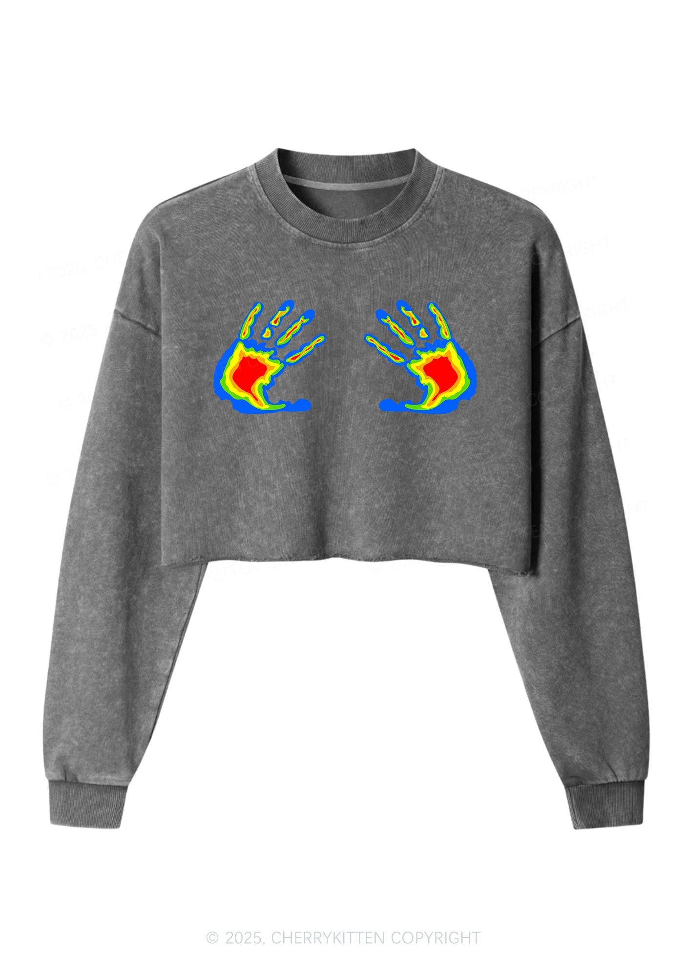 Thermal Hands Y2K Crop Washed Sweatshirts Cherrykitten