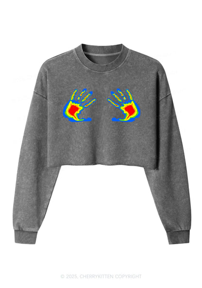 Thermal Hands Y2K Crop Washed Sweatshirts Cherrykitten