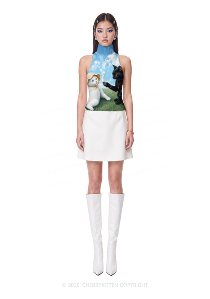 White Cat Smoking Y2K Knit Turtleneck Tank Top Cherrykitten