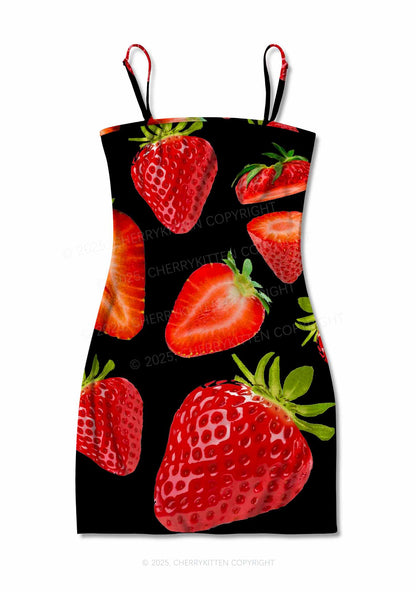 Black Strawberry Y2K Print Slip Dress Cherrykitten