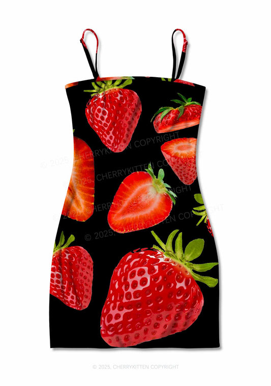 Black Strawberry Y2K Print Slip Dress Cherrykitten