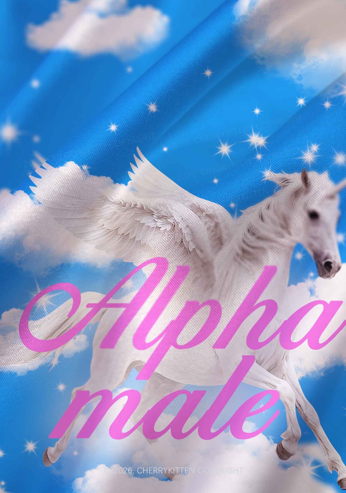 Blue Sky Alpha Male Unicorn Y2K Print Satin Cowl Neck Slip Dress Cherrykitten