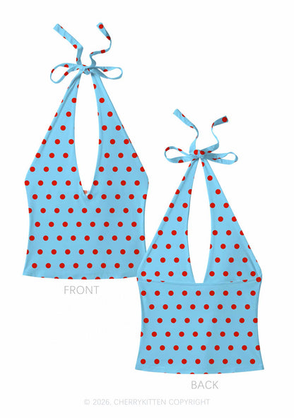 Red Dots On Blue Y2K Print Halter Deep V Neck Cami Cherrykitten