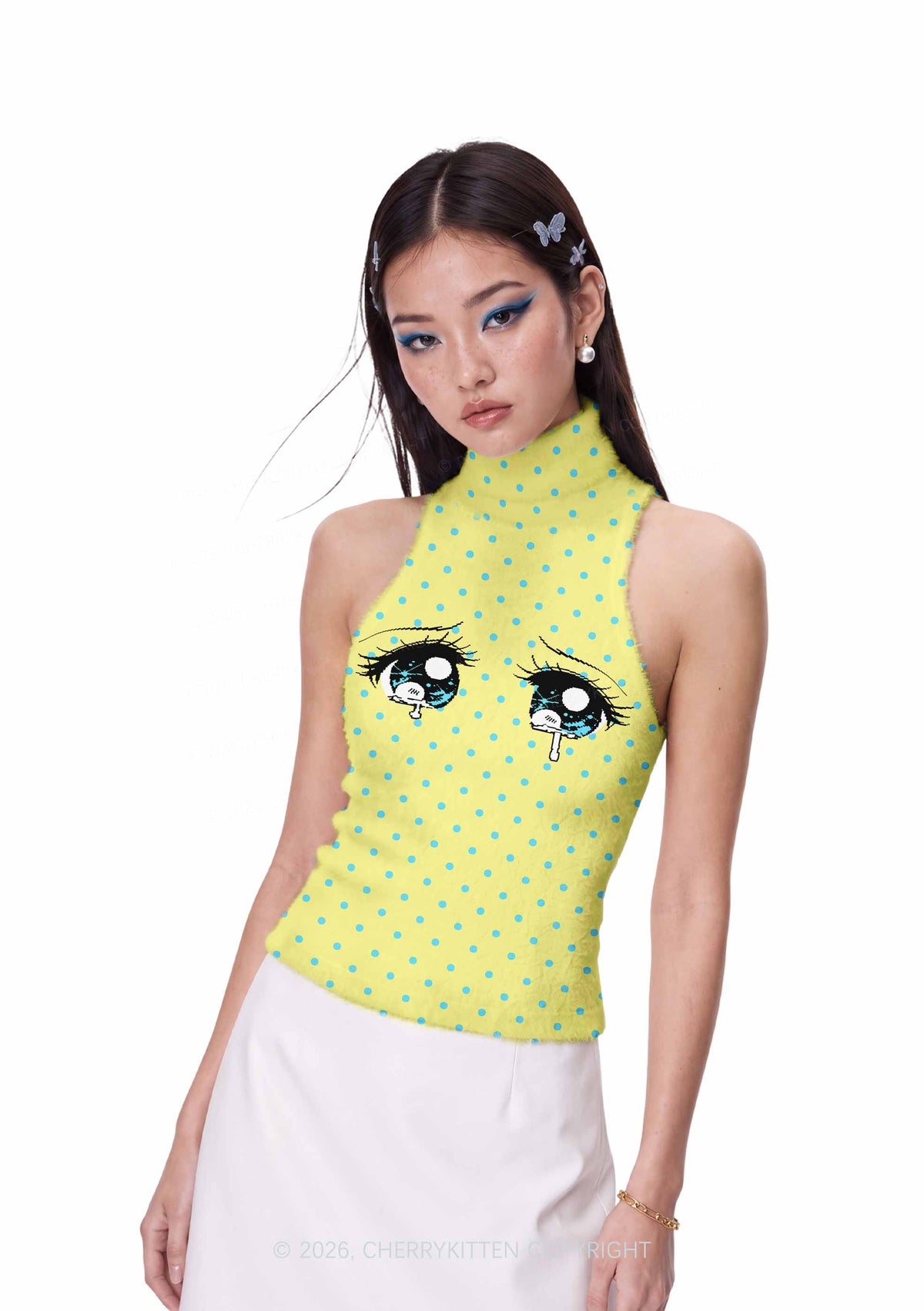 Crying Eyes Blue Dots On Yellow Y2K Knit Turtleneck Tank Top Cherrykitten