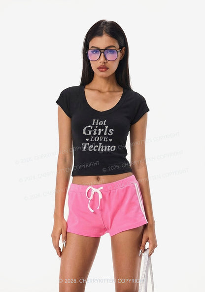 Rhinestone Hot Girls Love Techno Y2K V Neck T Shirts Cherrykitten