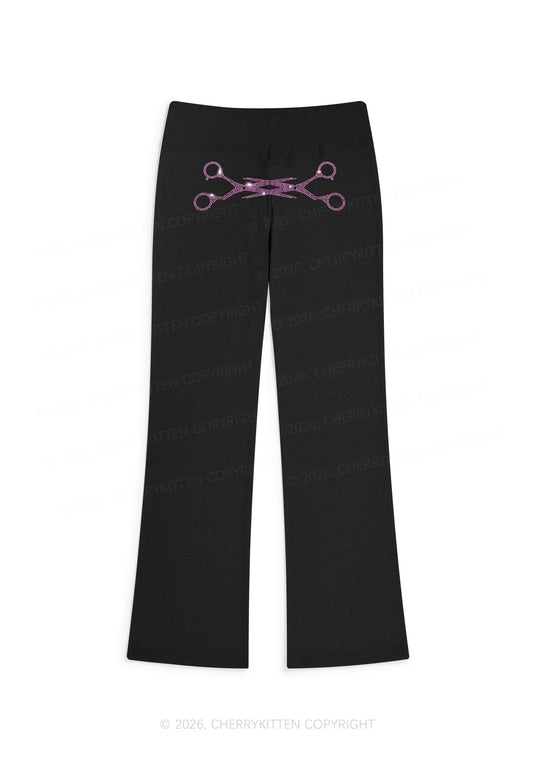 Rhinestone Pink Scissor Pride Y2K Low Rise Drawstring Flare Pants Cherrykitten