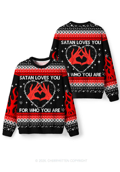 Halloween Satan Loves You Heart Y2K Christmas Knit Sweatshirt Cherrykitten