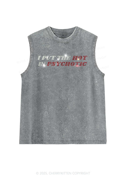 Rhinestone I Put The Hot In Psychotic Y2K Washed Muscle Tank Cherrykitten