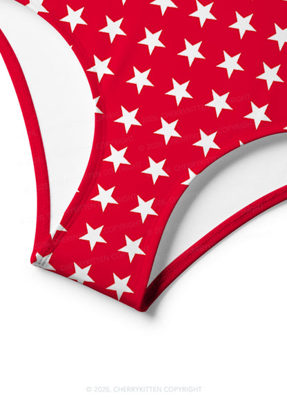 White Star On Red Y2K Print Bikini Set Cherrykitten