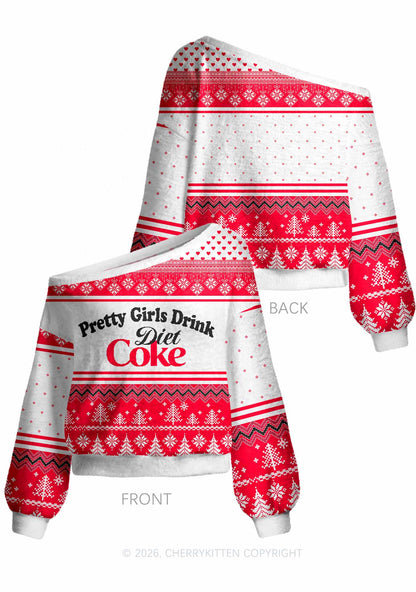 Pretty Girls Drink Diet Cola Y2K Off Shoulder Knit Sweatshirt Cherrykitten