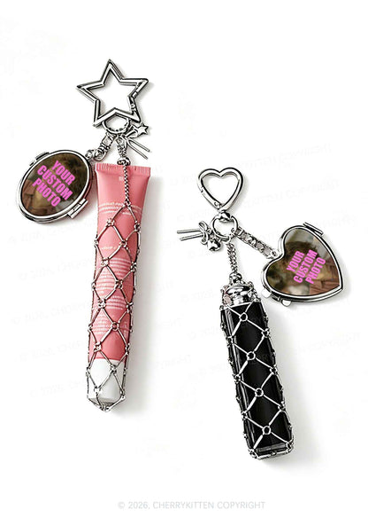Custom Photo 1pc Y2K Metal Mesh Lipstick Holder Keychain With Mirror Cherrykitten