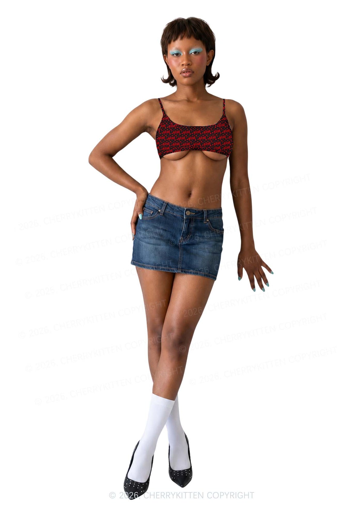 Black Slxt Y2K Print Super Crop Cami Cherrykitten
