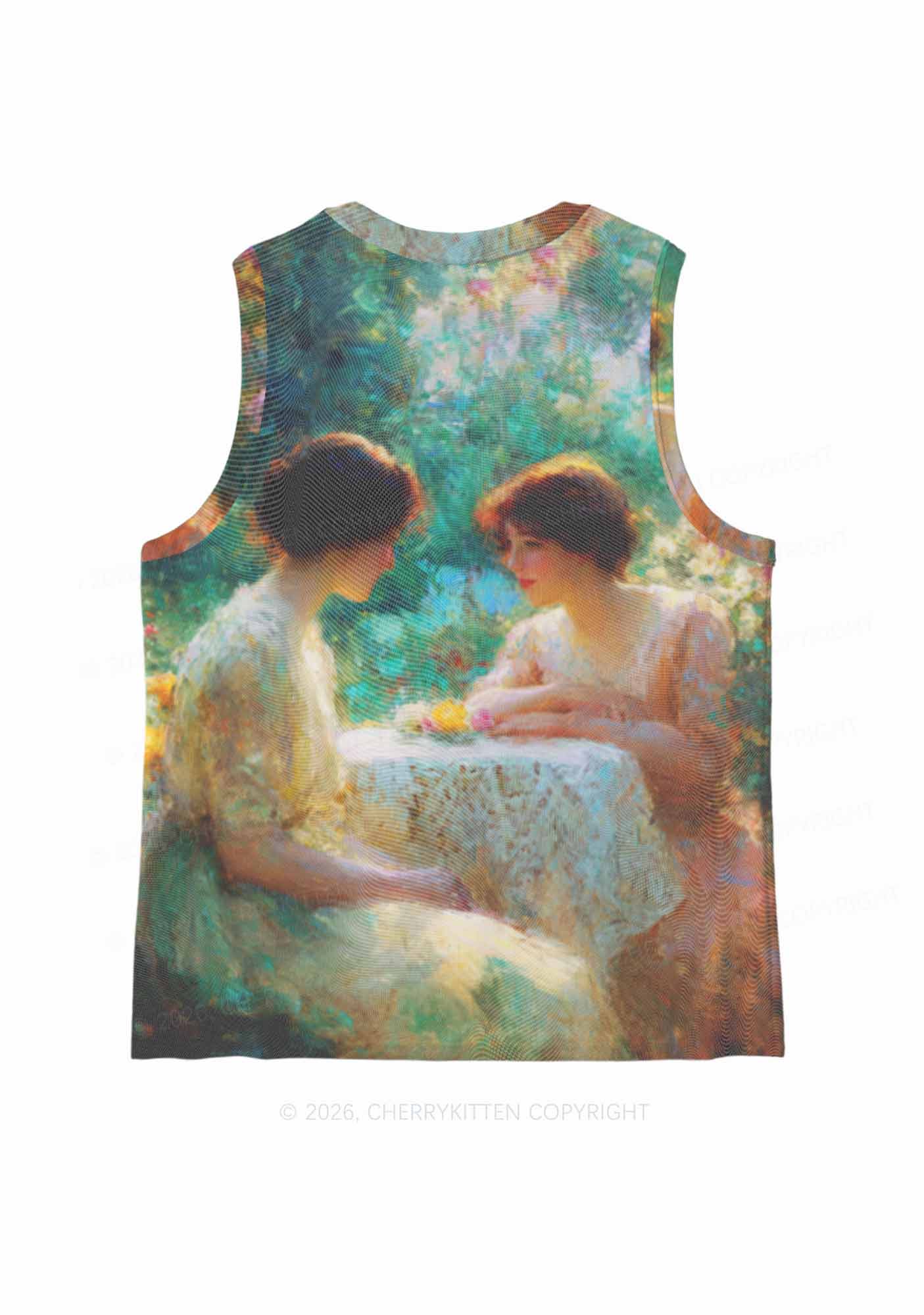 Garden Tea Scene Art Pride Y2K Mesh Muscle Tank Cherrykitten