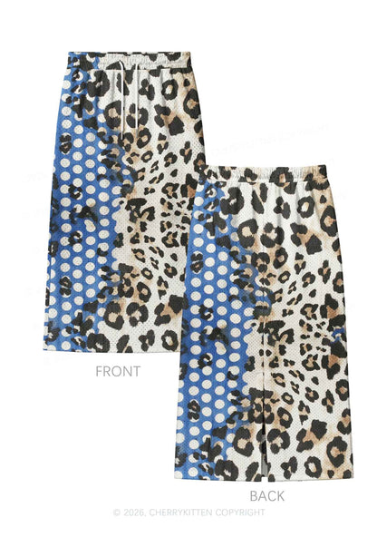 Leopard And Blue Dots Y2K Sport Jersey Drawstring Midi Skirt Cherrykitten
