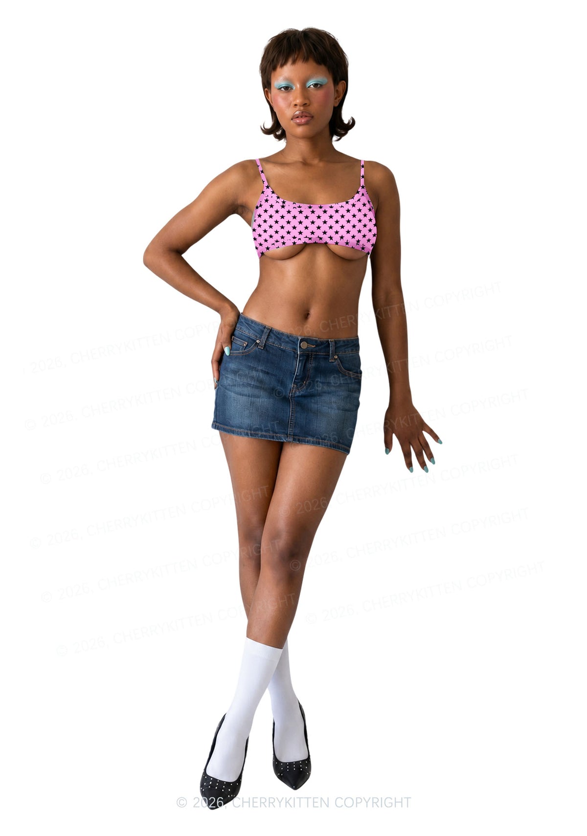 Black Star On Pink Y2K Print Super Crop Cami Cherrykitten