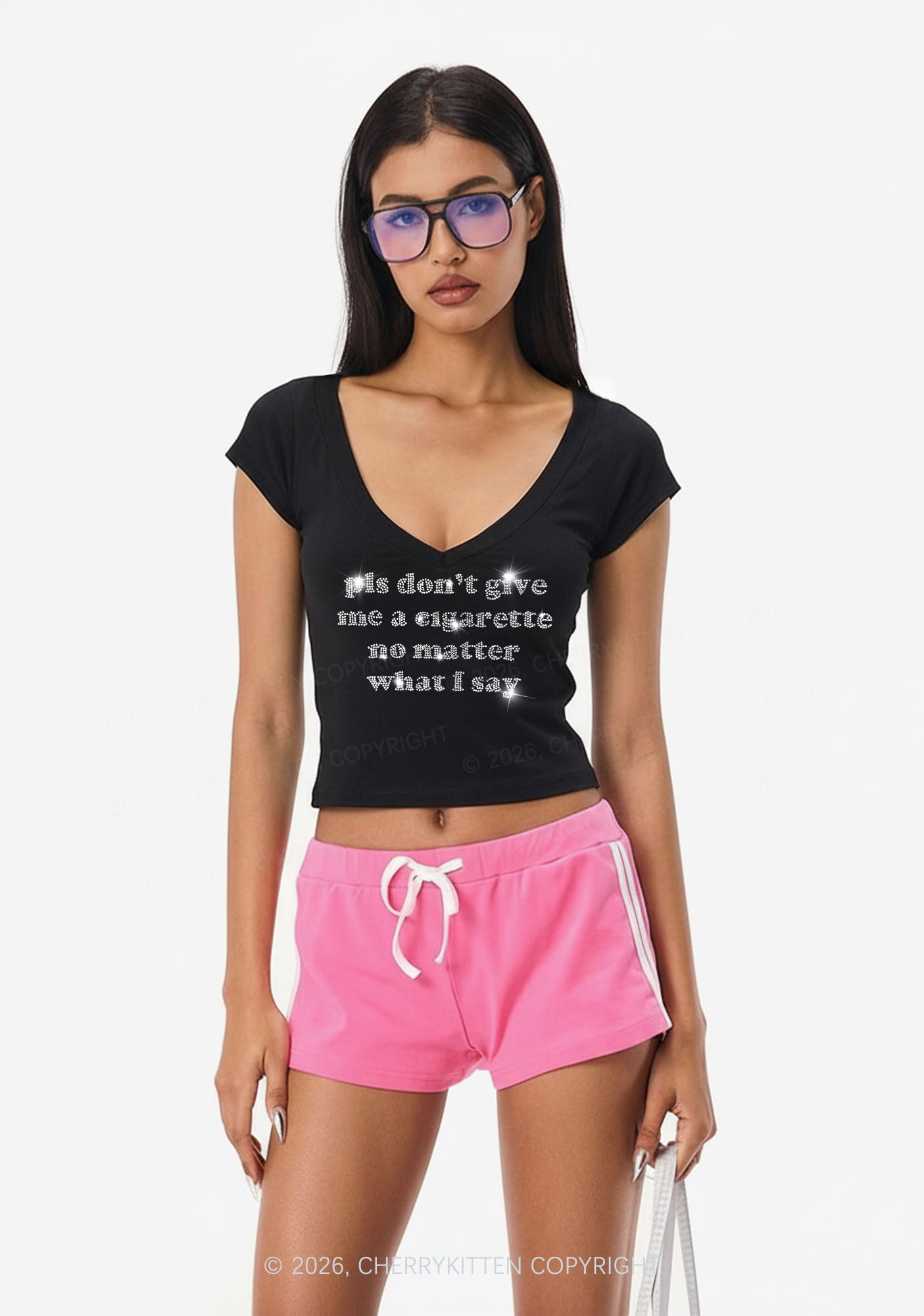 Rhinestone Dont Give Me Cigarette Y2K V Neck T Shirts Cherrykitten