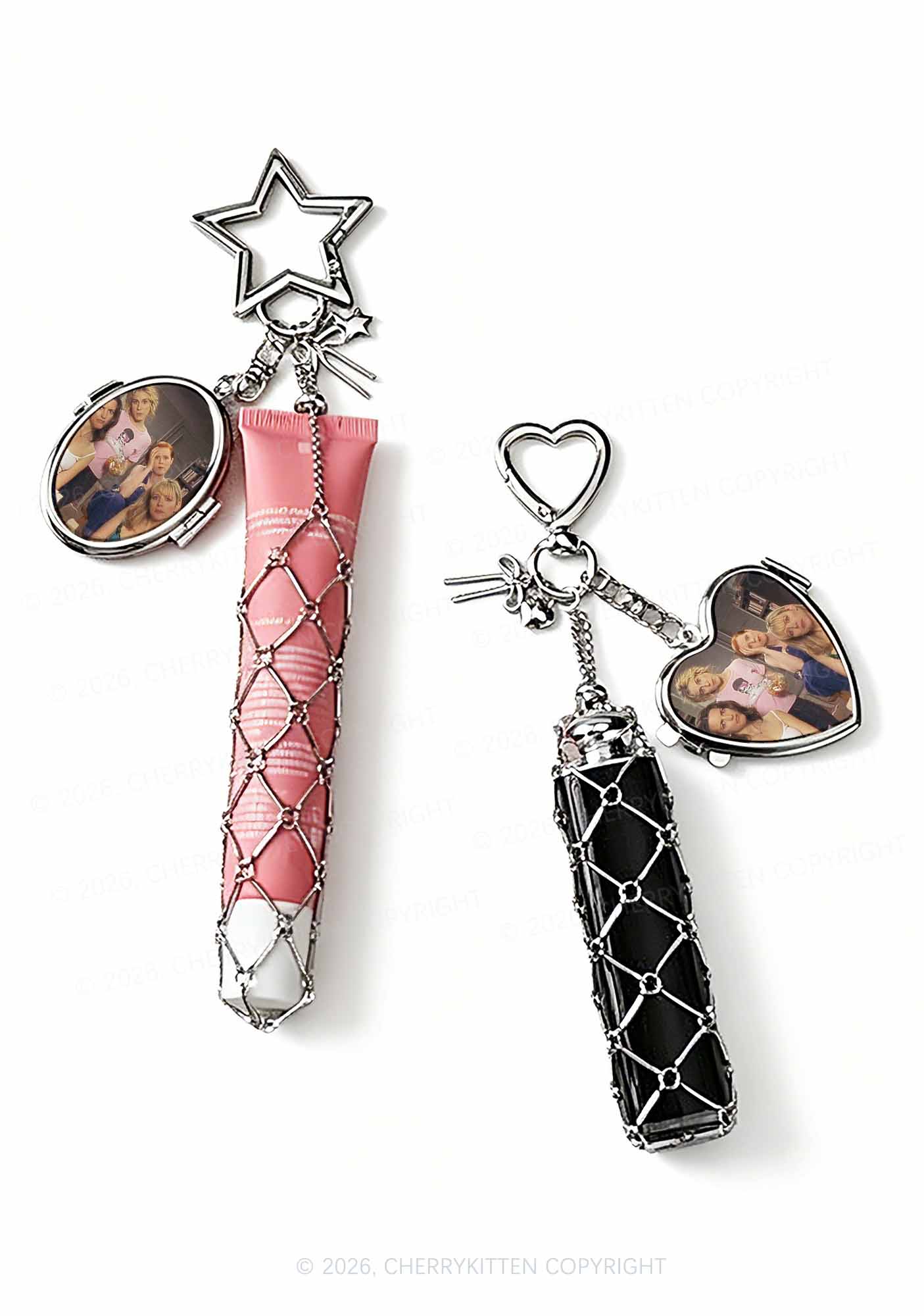 Girl Puzzled 1pc Y2K Metal Mesh Lipstick Holder Keychain With Mirror Cherrykitten