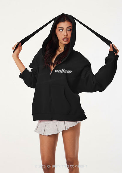 Rhinestone Autism Y2K Bunny Ear Zip Hoodie Cherrykitten