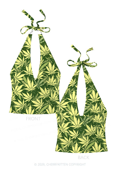 Green Wxxd Leaf Y2K Print Halter Deep V Neck Cami Cherrykitten