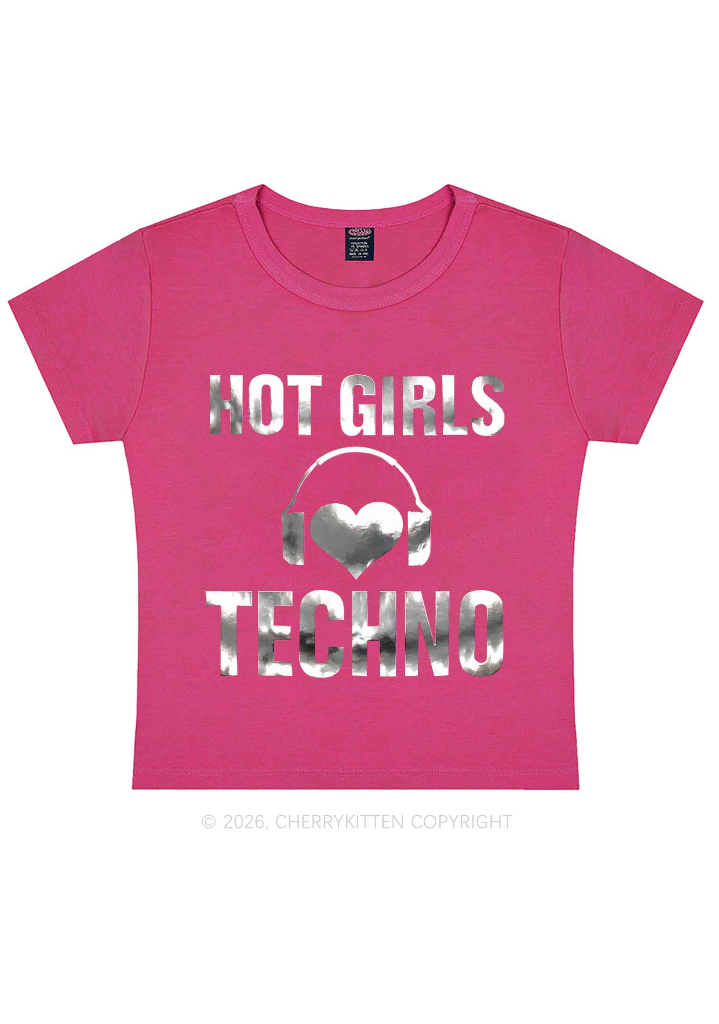 Hot Girls Love Techno Silver Foil Printed Y2K Baby Tee Cherrykitten