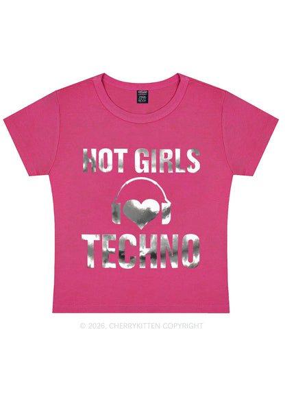 Hot Girls Love Techno Silver Foil Printed Y2K Baby Tee Cherrykitten