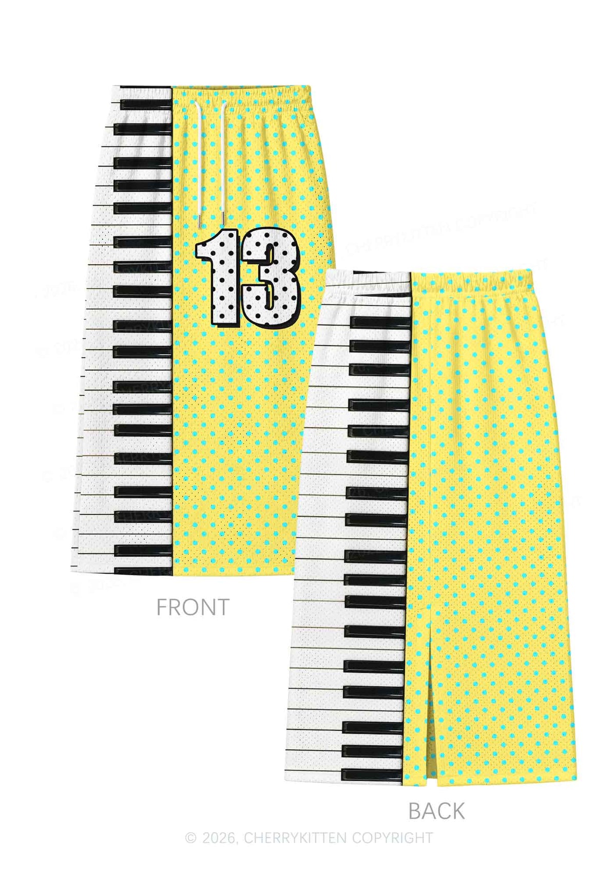 Yellow Dots Piano Keys Y2K Sport Jersey Drawstring Midi Skirt Cherrykitten