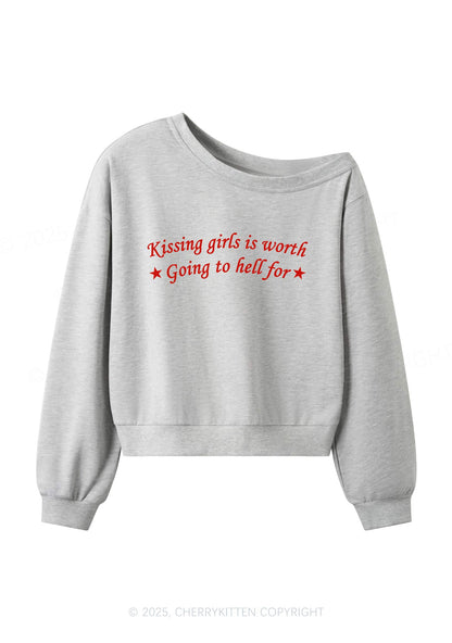 Kissing Girls is Worth Pride Y2K Off Shoulder Sweatshirts Cherrykitten
