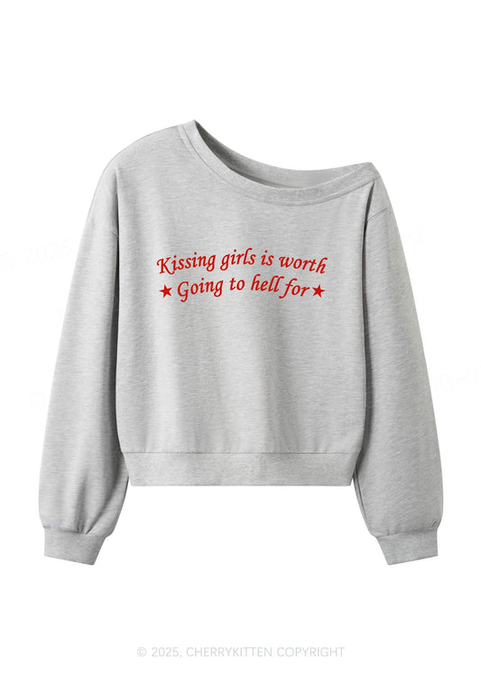 Kissing Girls is Worth Pride Y2K Off Shoulder Sweatshirts Cherrykitten