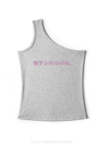 Rhinestone Red Stargirl Y2K One Shoulder Tank Top Cherrykitten