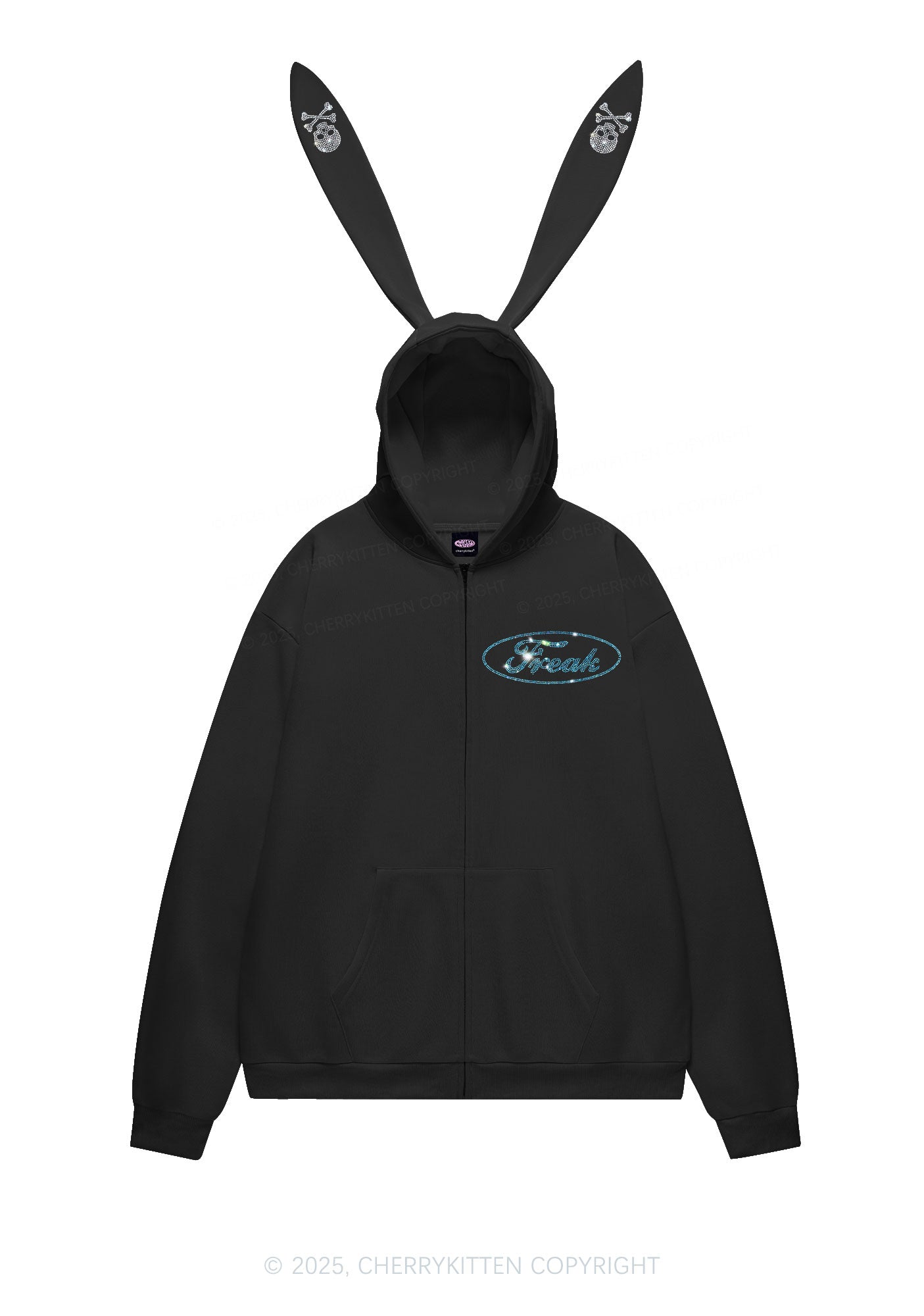Rhinestone Freak Y2K Bunny Ear Zip Hoodie Cherrykitten