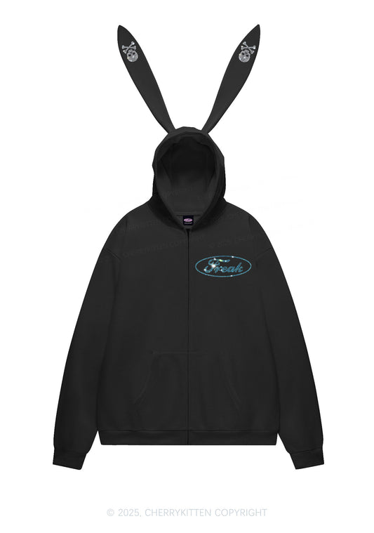 Rhinestone Freak Y2K Bunny Ear Zip Hoodie Cherrykitten