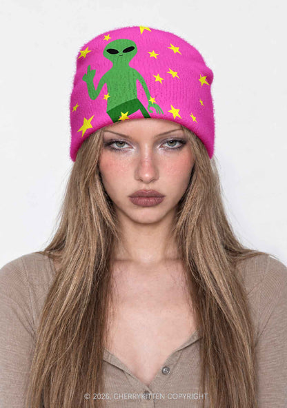 Green Alien On Pink Y2K Print Knit Beanie Cherrykitten