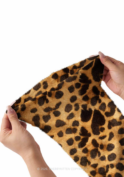 Classic Khaki Leopard Y2K Print Fuzzy Flared Leg Warmers Cherrykitten