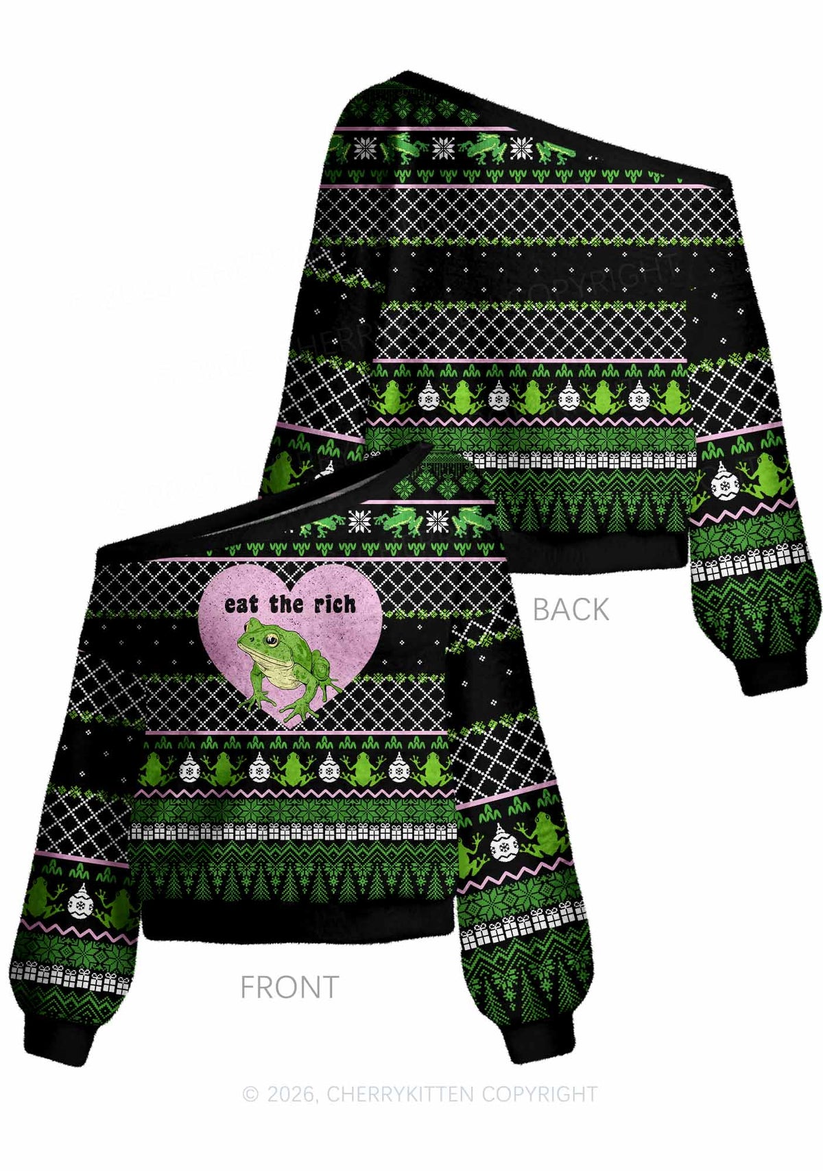 Eat The Rich Frog Y2K Off Shoulder Knit Sweatshirt Cherrykitten