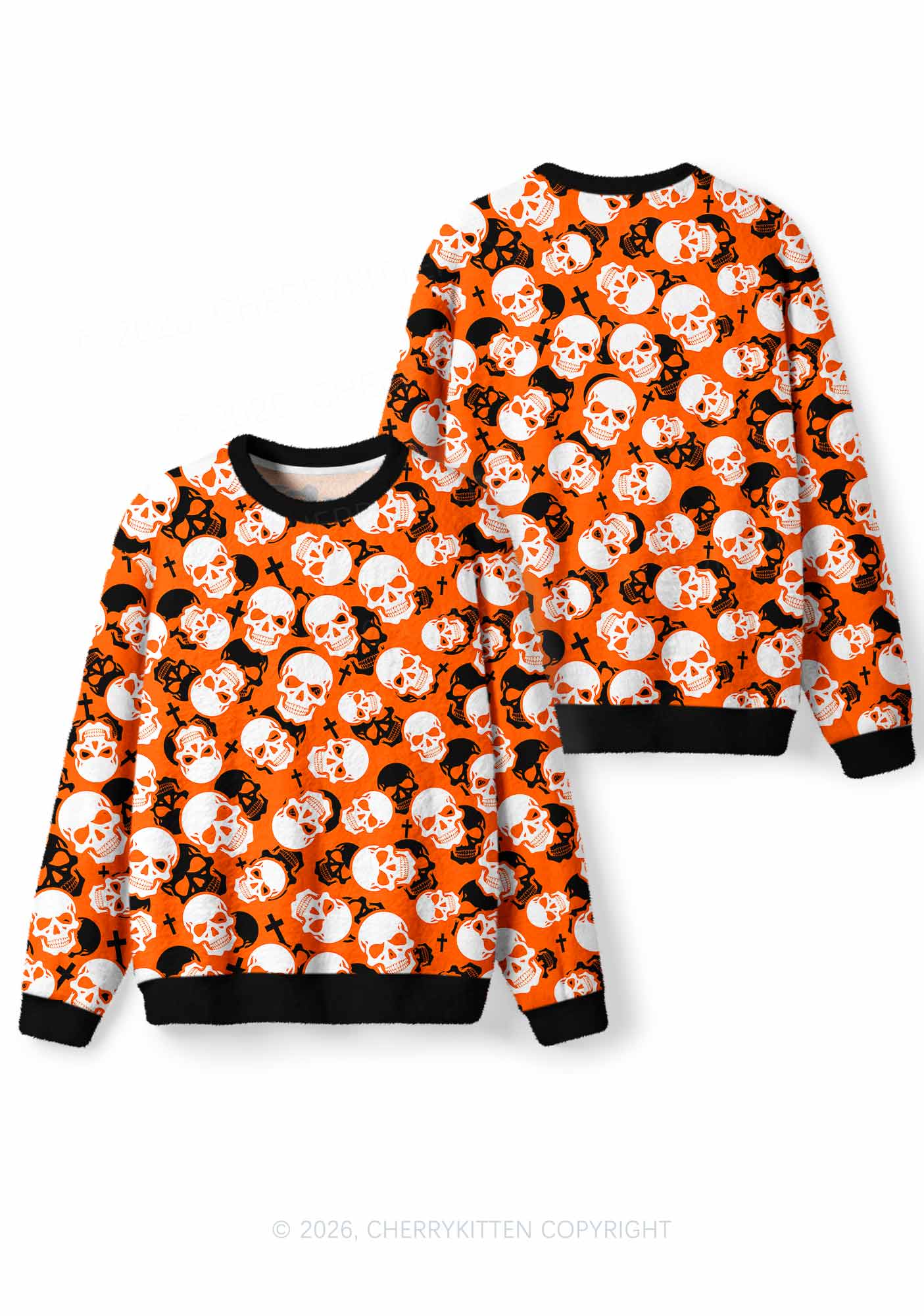 Halloween Orange Skull Cross Y2K Christmas Knit Sweatshirt Cherrykitten