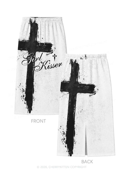 Girl Kisser Black Cross Y2K Sport Jersey Drawstring Midi Skirt Cherrykitten
