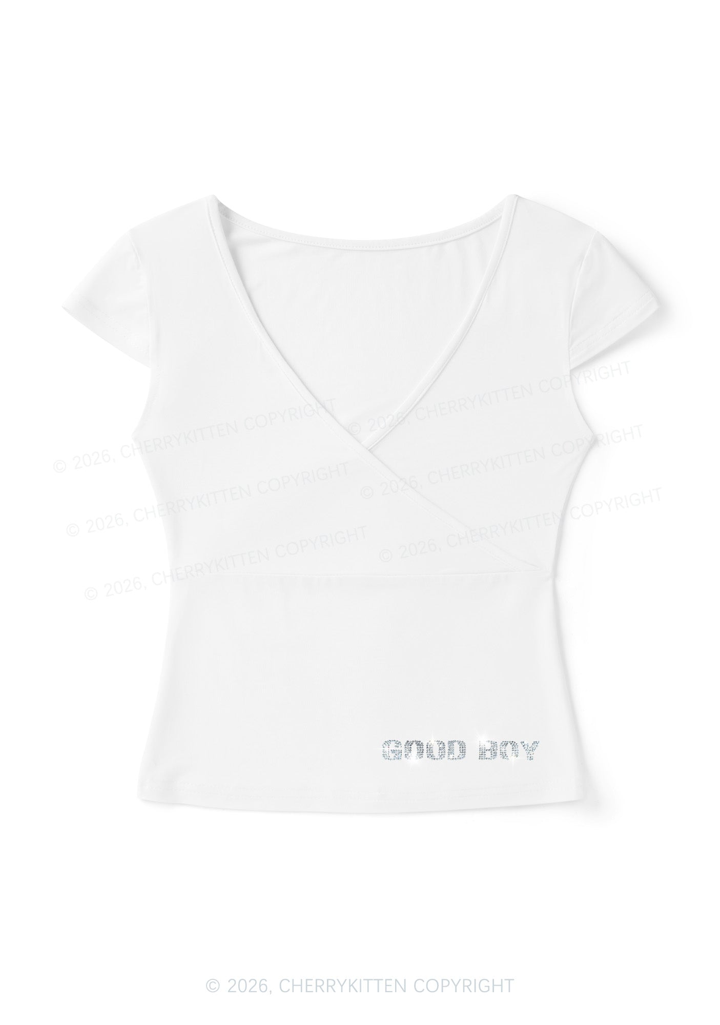 Rhinestone Good Boy Y2K Wrap V Neck T Shirts Cherrykitten