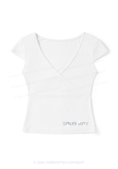 Rhinestone Good Boy Y2K Wrap V Neck T Shirts Cherrykitten